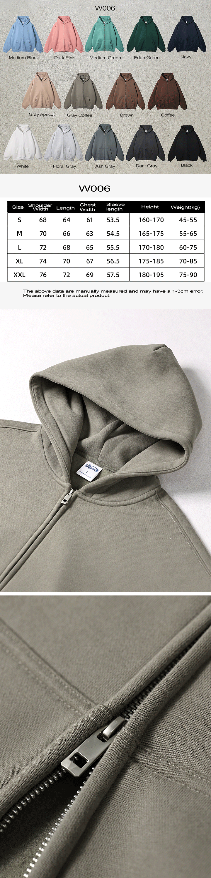 W006 350g Dopamine Style,Street Fashion Loose Fit Crew Neck Zip-up 