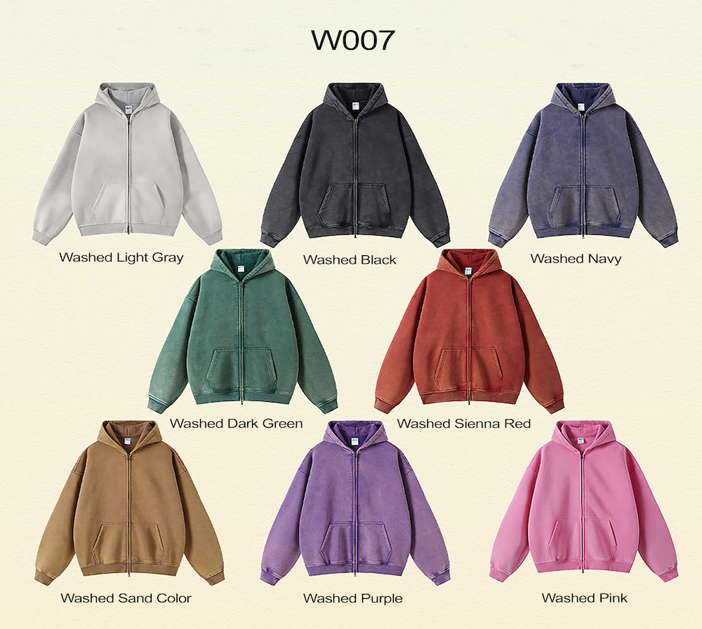 W007 350g washed Dopamine Style,Street Fashion Loose Fit Crew Neck Zip-up <