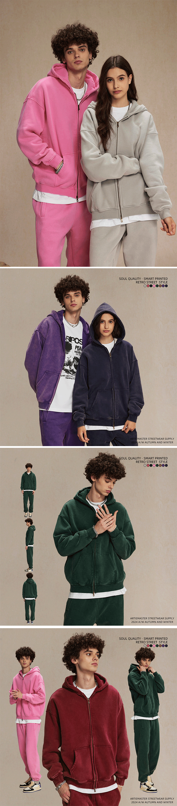 W007 350g washed Dopamine Style,Street Fashion Loose Fit Crew Neck Zip-up 