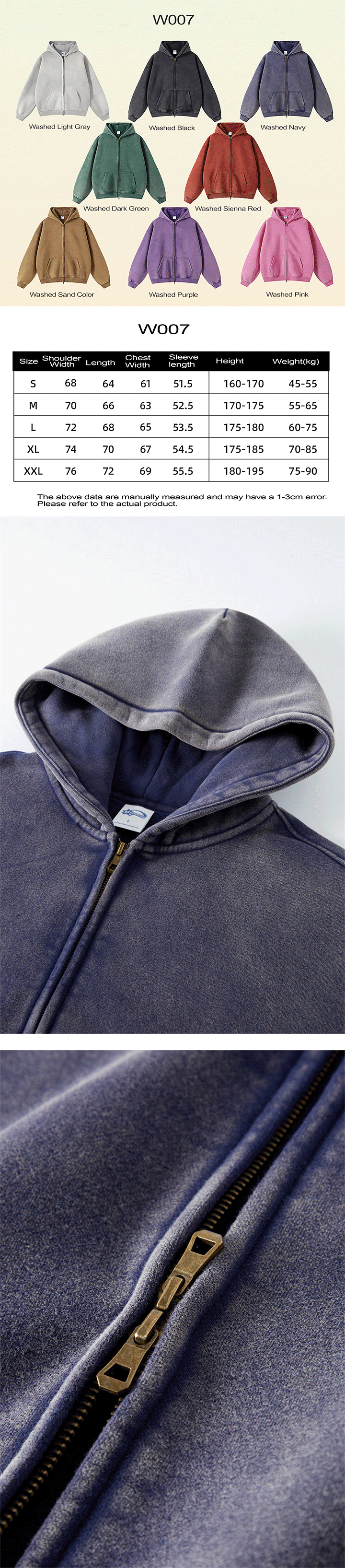 W007 350g washed Dopamine Style,Street Fashion Loose Fit Crew Neck Zip-up 